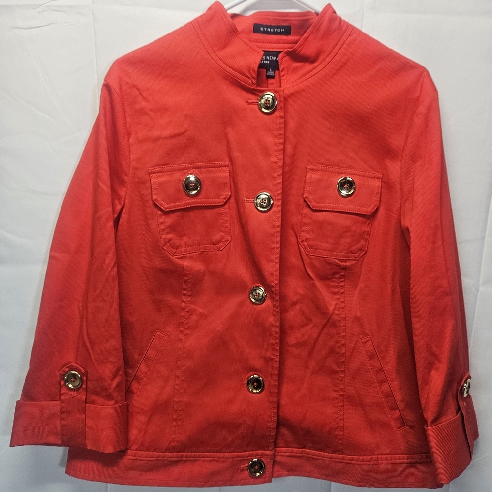 Jones New York Red Stretch Utility Jacket with Gold Buttons